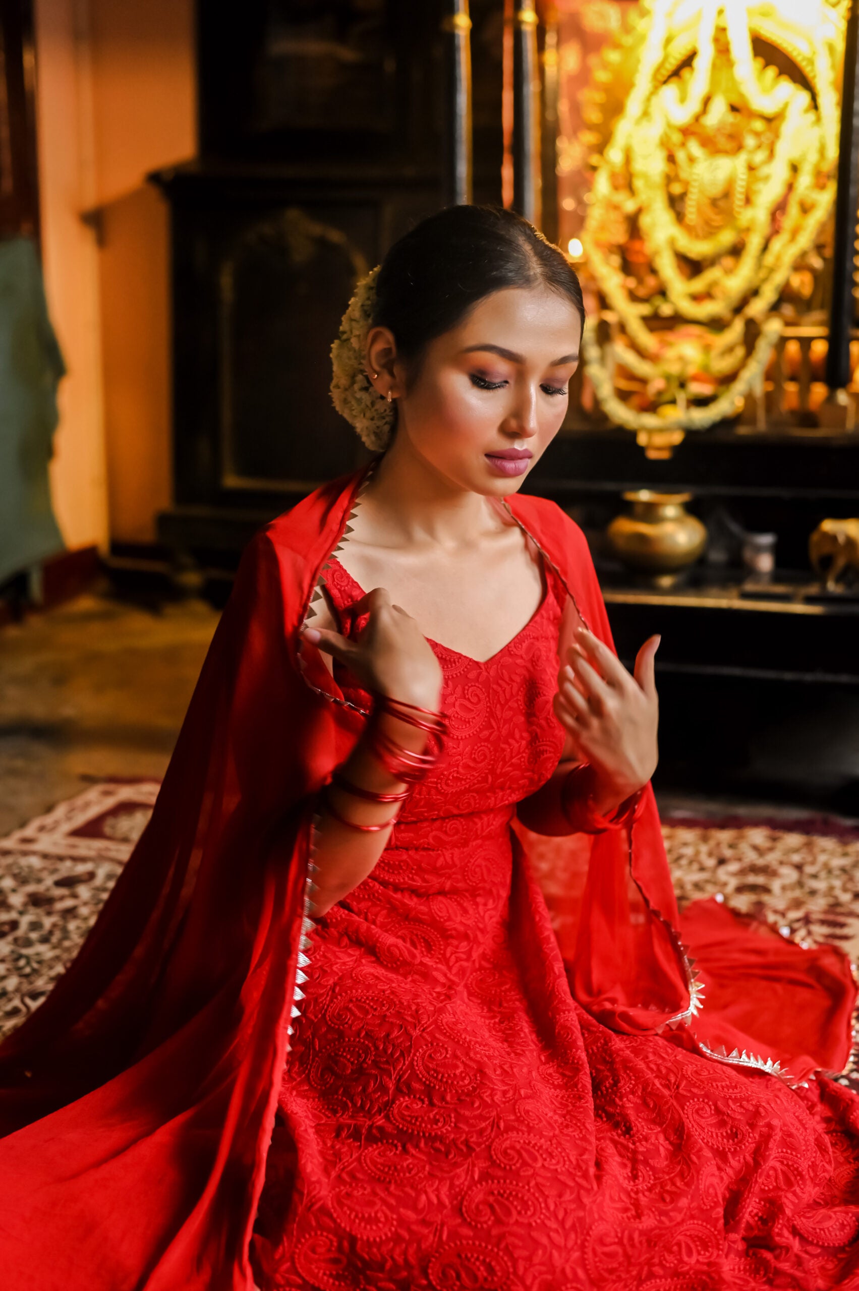 red dupatta dress Red Gown with Attached Drape Dupatta and Embroidered Belt S / Maroon
