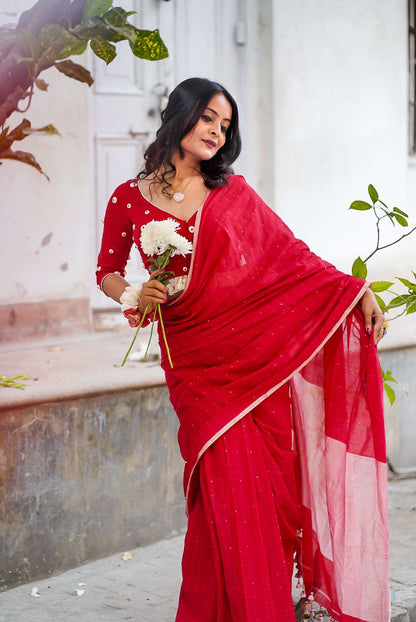 Cotton Red Saree With Sequins and Tassels