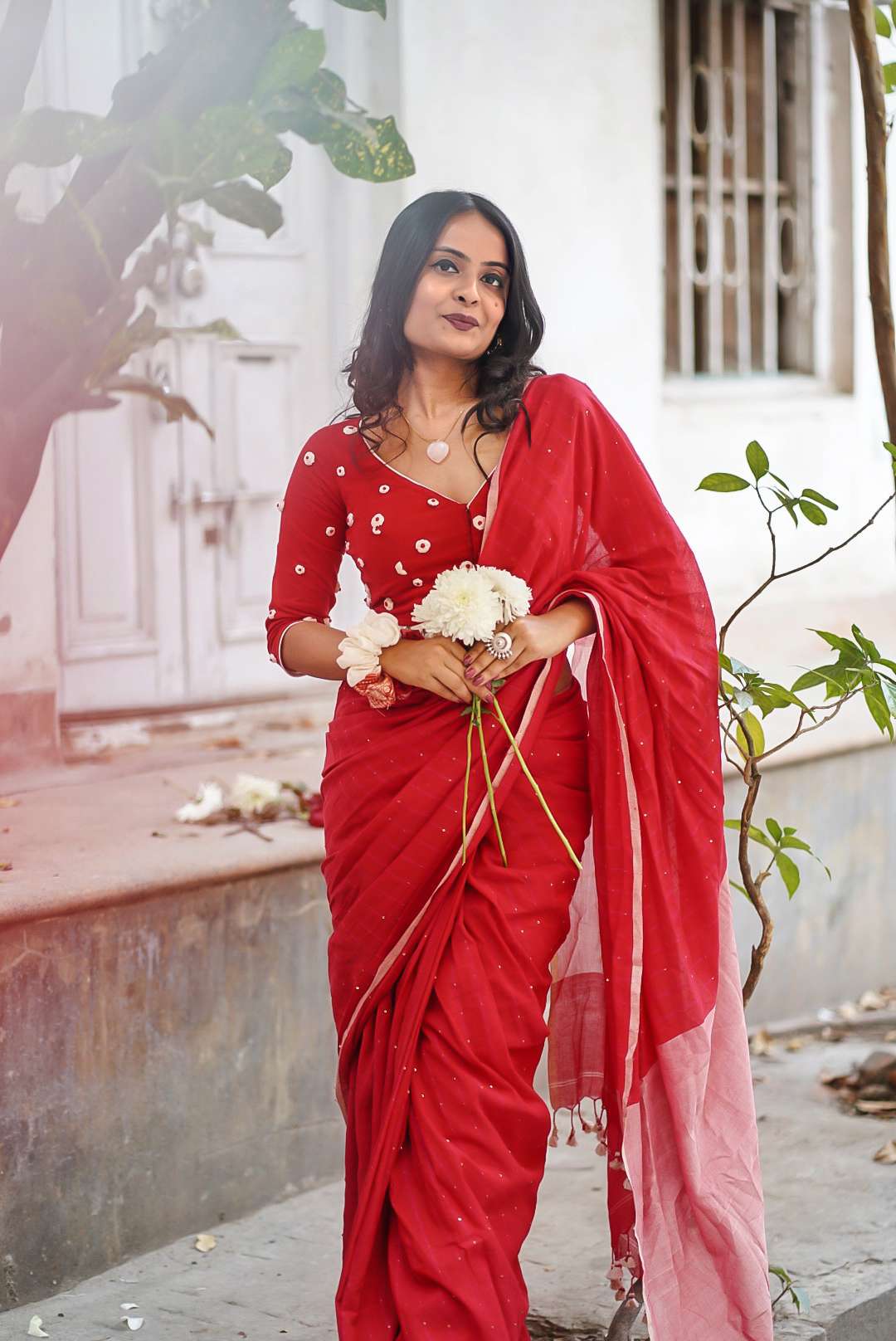 Cotton Red Saree With Sequins and Tassels
