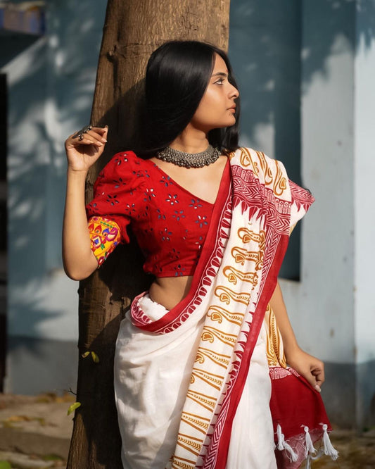 cotton red white saree for women image