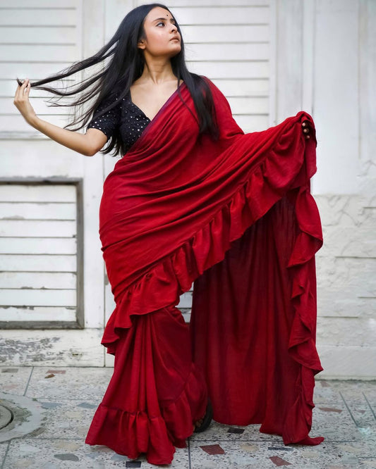 red ruffle saree image