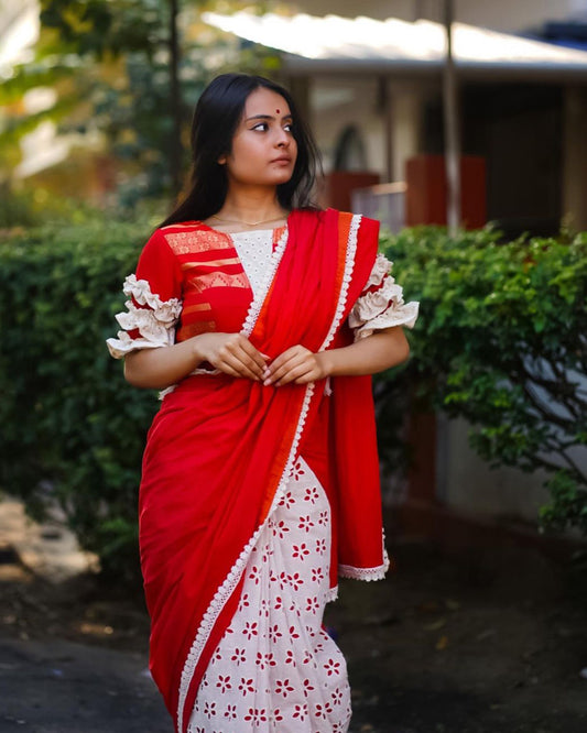 cotton red white saree image
